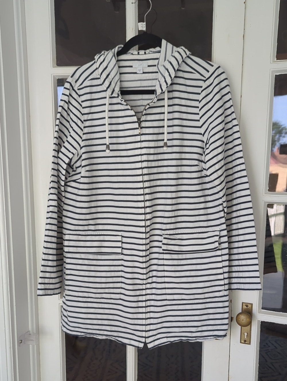 J.jill Striped Hooded Zip Jacket - White & Black